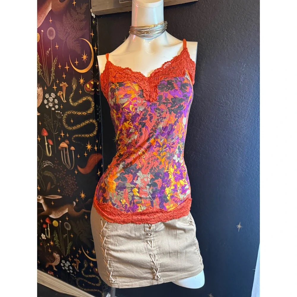 Lane Bryant Floral Lace Trim Camisole Orange Purple Size 14/16 Sleeveless Top